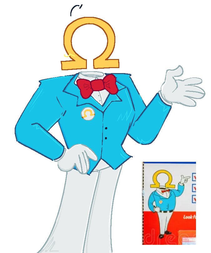 A DIGITAL DRAWING OF MR. OMEGA, THE MASCOT OF MEOW WOLF'S UNREALITY ART EXHIBIT/PROJECT OMEGAMART.