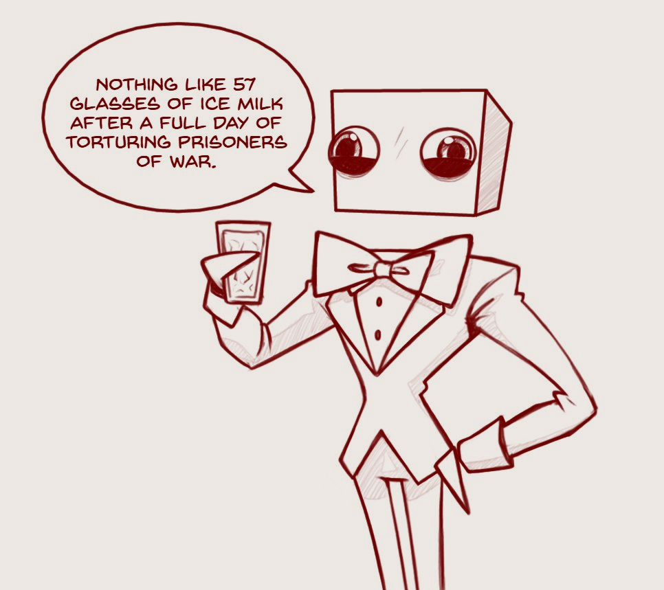 IMAGE OF DARLY SAYING 'NOTHING LIKE 57 GLASSES OF ICE MILK AFTER A FULL DAY OF TORTURING PRISONERS OF WAR'.