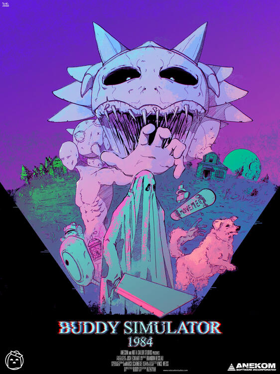 AN IMAGE OF A POSTER FOR THE GAME BUDDY SIMULATOR 1984. IT FEATURES ALMOST EVERY MAIN CHARACTER, WITH FRIENDO AND THE DOG FRONT AND CENTER.