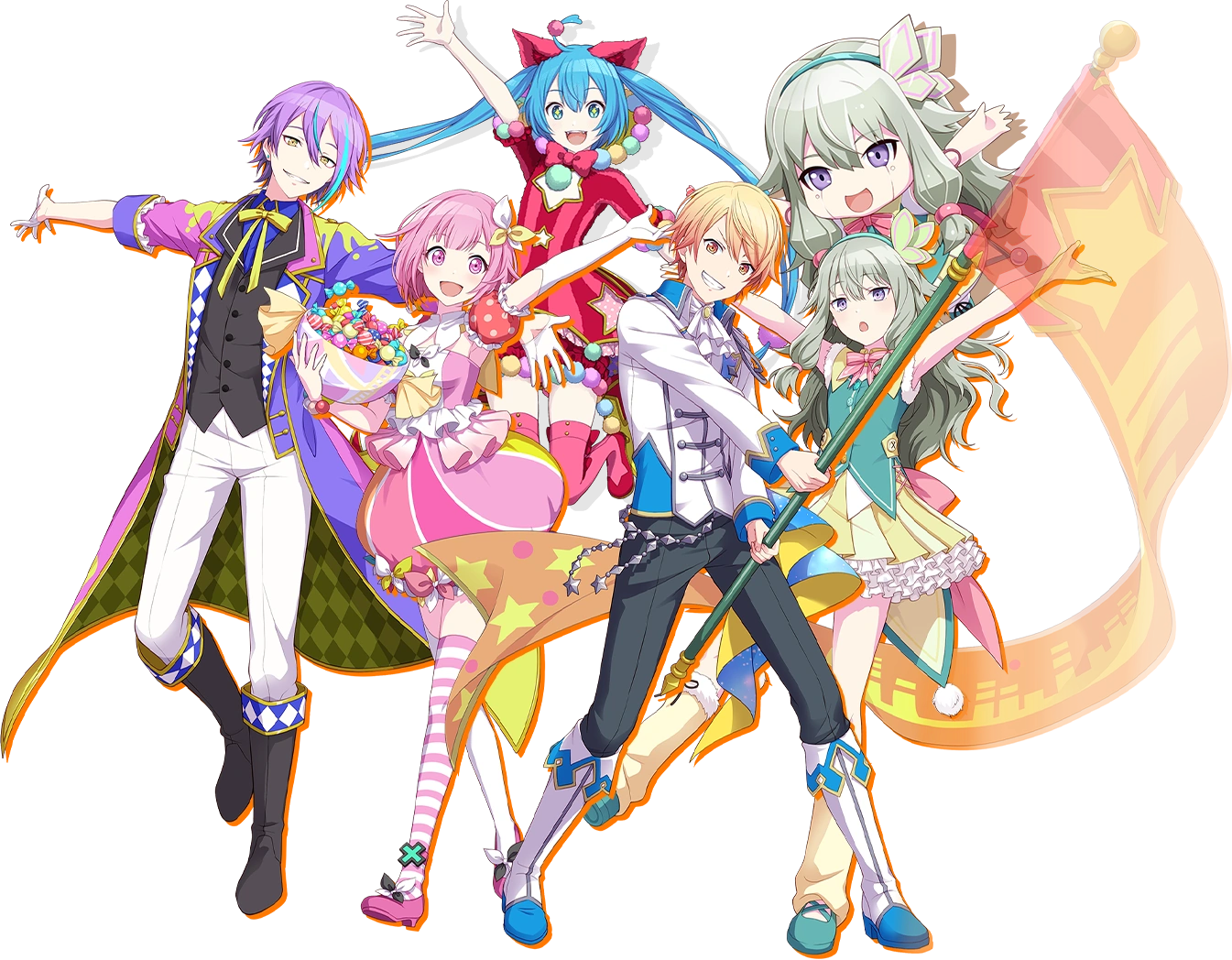 AN IMAGE OF EACH MEMBER OF WONDERLANDS X SHOWTIME: TENMA TSUKASA, RUI KAMISHIRO, EMU OOTORI AND NENE KUSANAGI. MIKU AND NENE ROBO ARE THERE AS WELL.